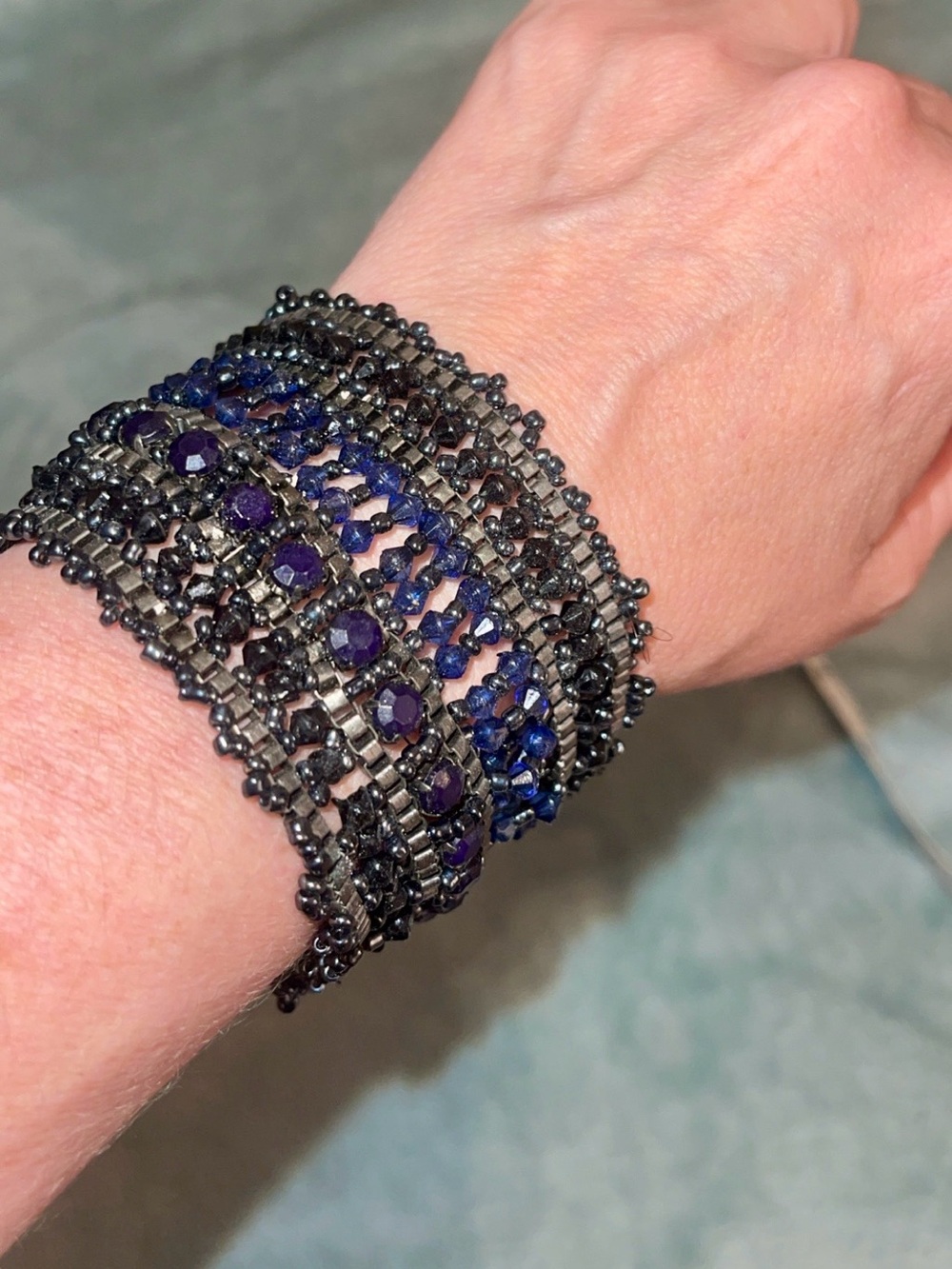 Wide Beaded Cuff Bracelet – Blue, Purple & Gunmetal Glass Bead Statement Jewelry